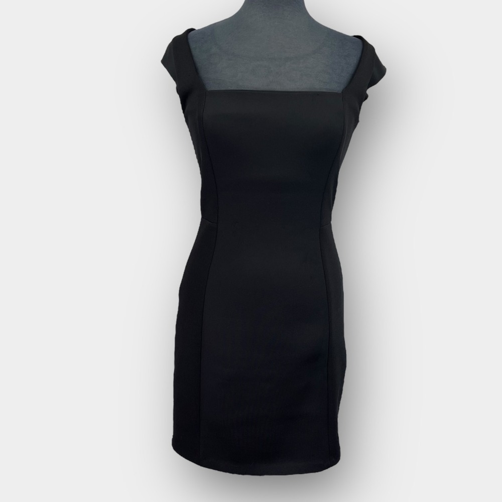 Mango MNG‎ Collection Fitted Bodycon Mini Dress 6 Black Square Neck Cap Sleeve